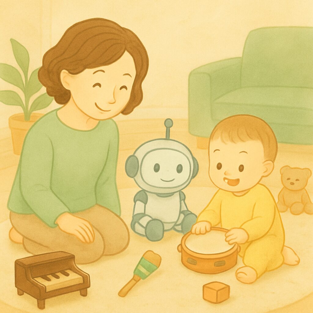 子供が楽器で遊んでいるのを見守るAIと私